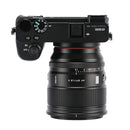 Viltrox AF 27mm f1.2 Pro prime lens attached to Sony E camera, ultra-large aperture, high resolution, smooth bokeh, compact design.