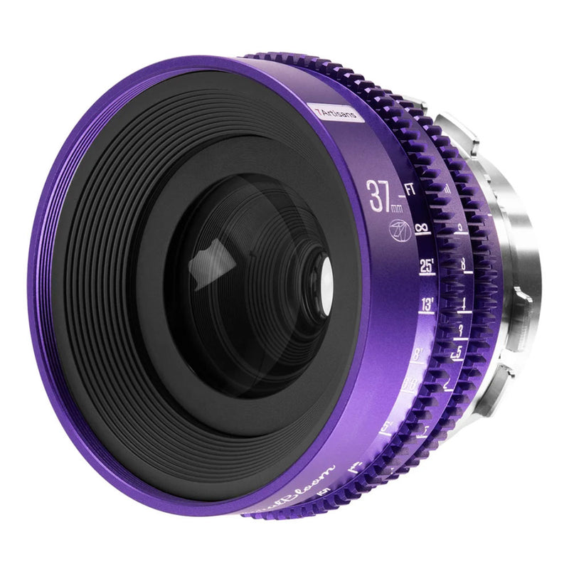 Camera lens with purple metal frame on a white background