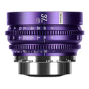 Purple camera lens with metallic components on a white background