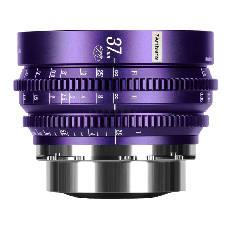 Purple camera lens with metallic components on a white background
