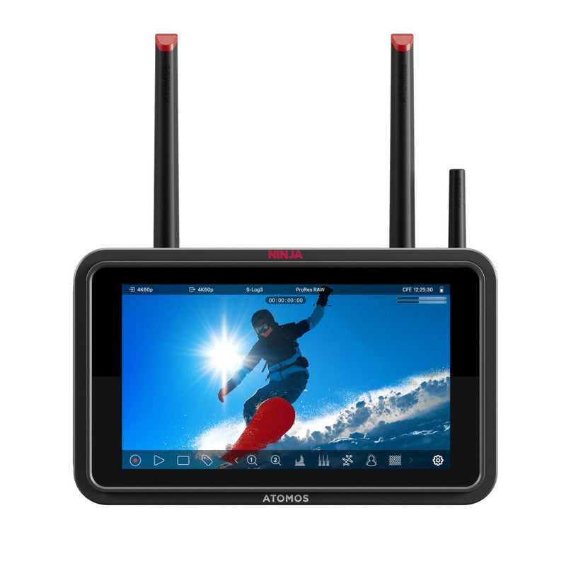 Atomos Ninja TX professional 5-inch monitor-recorder with SDI, HDMI, Apple ProRes/RAW recording, CFexpress and USB media support, touchscreen display, Wi-Fi 6E, cloud upload, and timecode sync features.