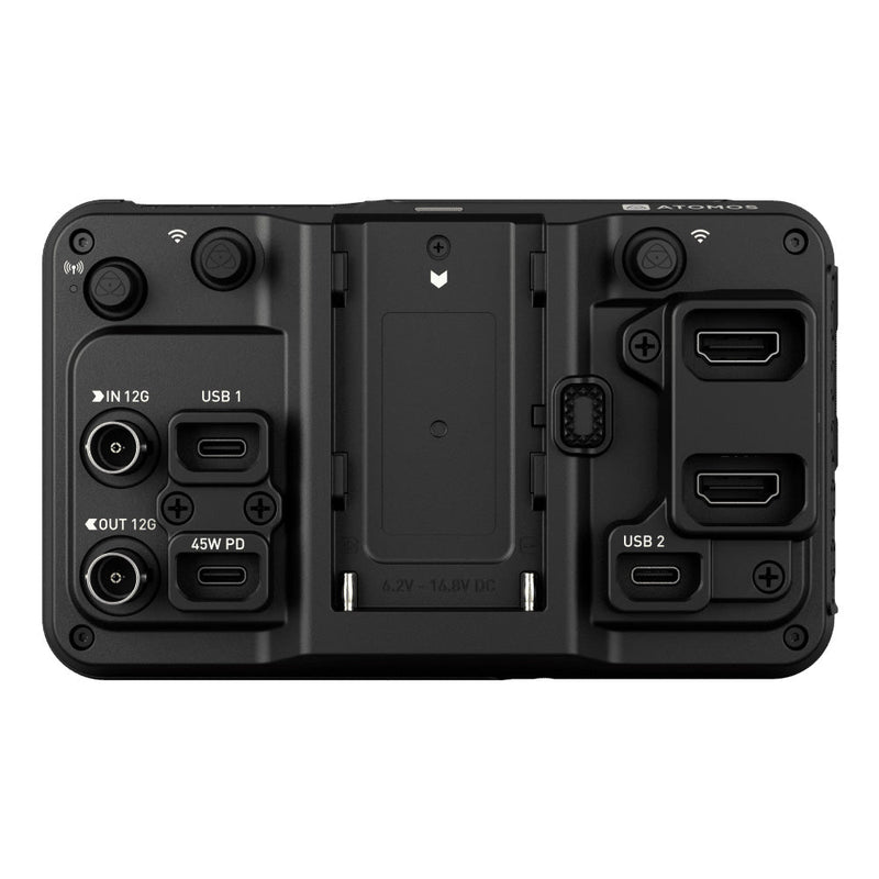 Rear view of Atomos Ninja TX monitor-recorder showing HDMI, 12G-SDI, USB-C ports and power connections