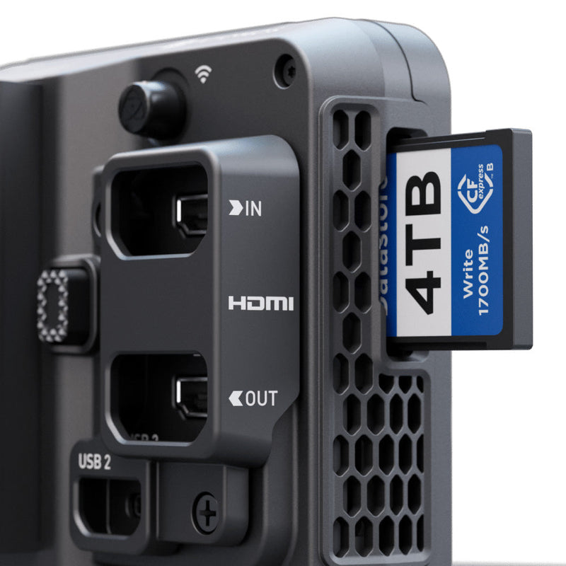 Close-up of Atomos Ninja TX monitor-recorder with HDMI inputs and CFexpress 4TB card inserted by USB port