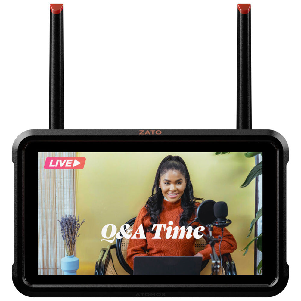 Atomos Zato CONNECT portable streaming monitor and cloud video recorder with dual antennas and live Q&A broadcast display