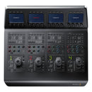 Blackmagic ATEM Camera Control Panel with multi-camera control knobs, buttons, and LCD screens for professional broadcast camera management