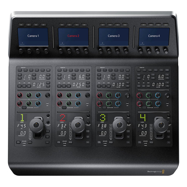 Blackmagic ATEM Camera Control Panel with multi-camera control knobs, buttons, and LCD screens for professional broadcast camera management