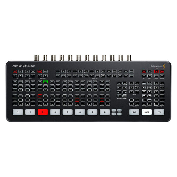 Head on image of the Blackmagic ATEM SDI Extreme ISO switcher, showing the large array of buttons and SDI input jacks on the back.