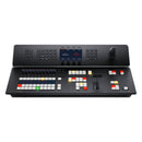 Control panel with various buttons and a screen on a white background