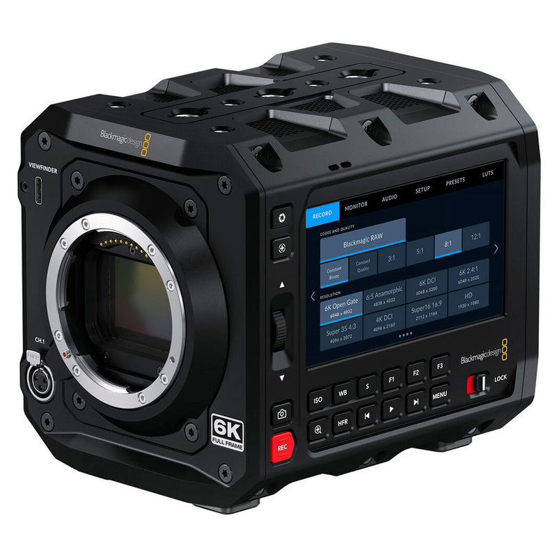Blackmagic Design camera with display and control panel on a white background