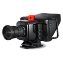 Blackmagic Studio Camera 6K Pro with large 6K sensor, EF lens mount, built-in tally light, touchscreen viewfinder, and multiple power options.