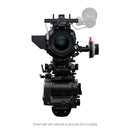 Professional video camera with various attachments on a white background