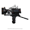 Professional video camera with various accessories on a white background.