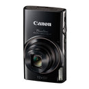 Compact black Canon PowerShot ELPH 360 HS camera with 12x optical zoom lens extended and front flash