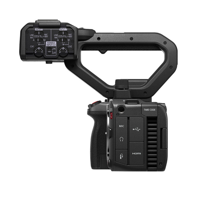 Compact Canon EOS C50 cinema camera body with detachable top handle and built-in XLR audio inputs, USB-C, HDMI, and Wi-Fi connectivity