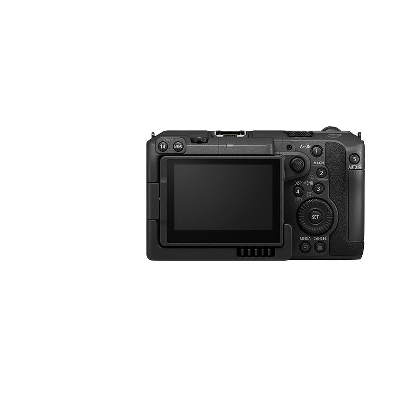 Rear view of Canon EOS C50 cinema camera showing LCD screen and control buttons