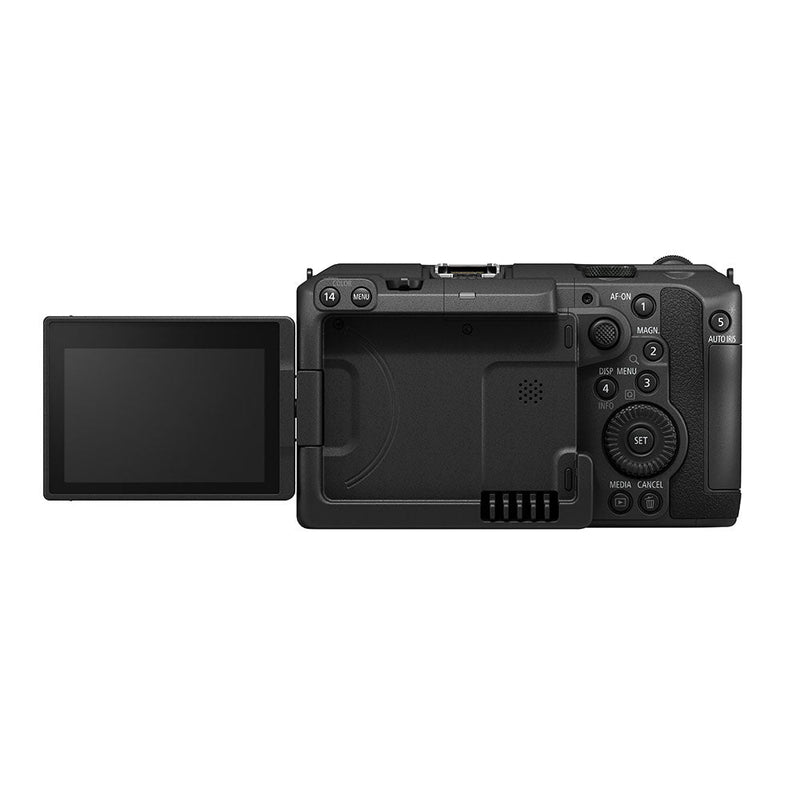 Canon EOS C50 professional cinema camera rear view with fully articulated LCD screen and control buttons