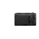 Back view of the Canon EOS C50 cinema camera showing buttons, controls, and LCD screen closed