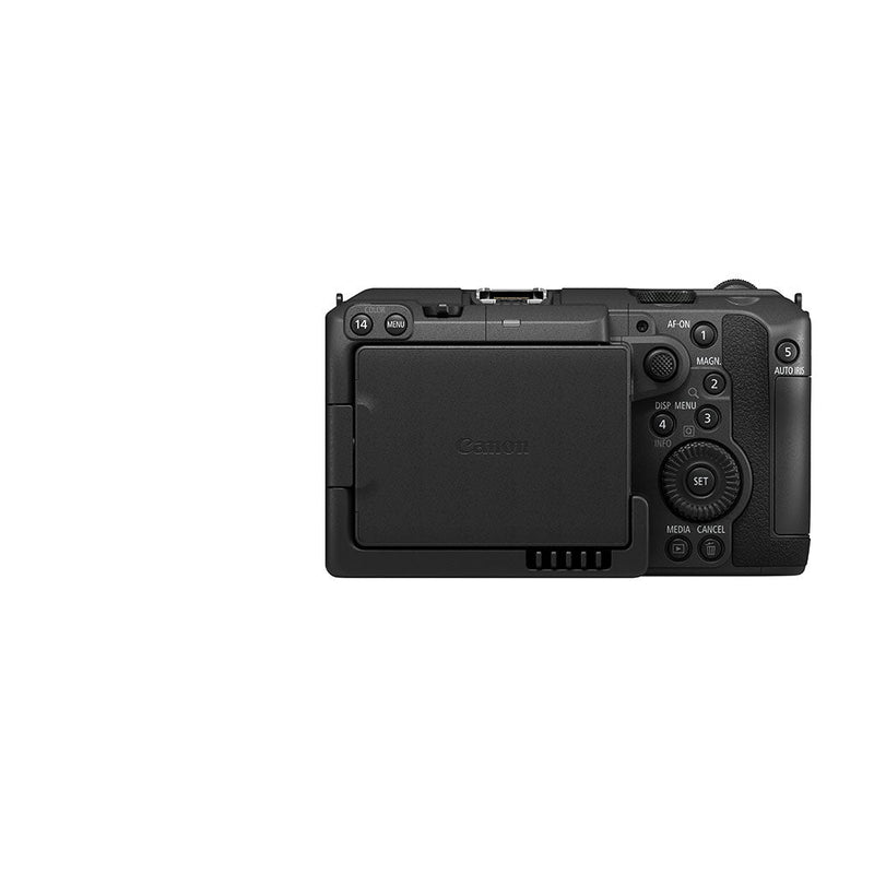 Back view of the Canon EOS C50 cinema camera showing buttons, controls, and LCD screen closed