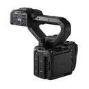 Compact Canon EOS C50 cinema camera with detachable handle, XLR inputs, and 7K full-frame sensor.