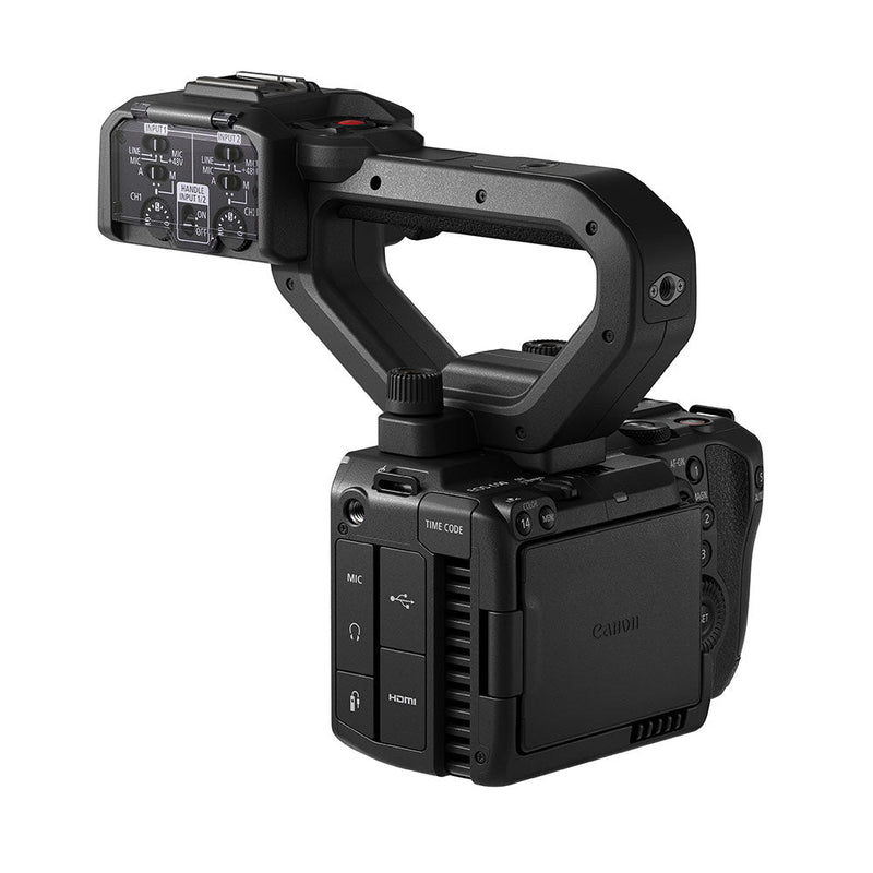 Compact Canon EOS C50 cinema camera with detachable handle, XLR inputs, and 7K full-frame sensor.