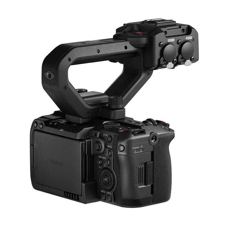 Compact Canon EOS C50 cinema camera with 7K full-frame sensor, detachable handle with XLR inputs, and advanced autofocus features