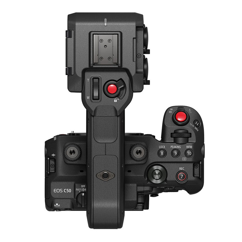 top view of Canon EOS C50 cinema camera with detachable handle showing control buttons and dials