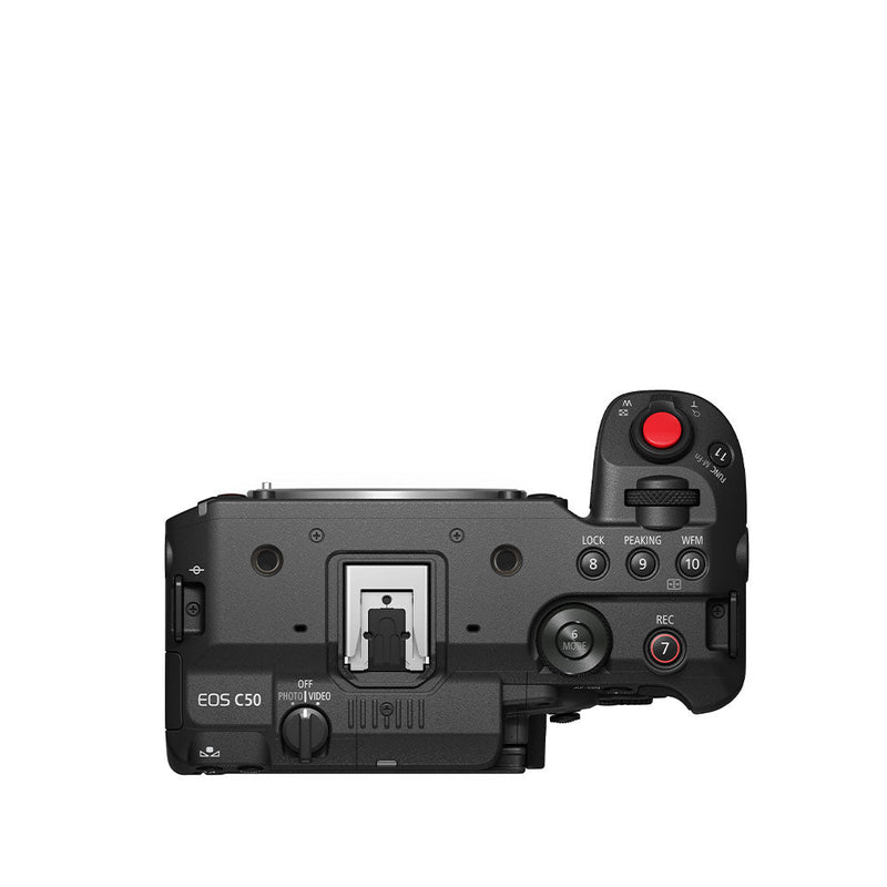 Canon EOS C50 compact cinema camera body top view with control buttons and dials
