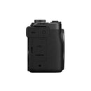 Side view of Canon Powershot V1 camera showing microphone, headphone, USB, and HDMI ports with textured black grip