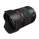 Canon RF 20-50mm f4 L IS USM PZ lens with lens hood attached on a white background