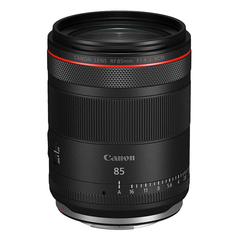 Canon RF 85mm f1.4 L VCM lens with fast aperture, manual iris ring, silent VCM focus, weather-sealed design, and advanced optics for portraits and video.