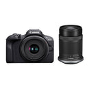 Canon EOS R100 camera with 18-45mm and 55-210mm STM lenses, APS-C sensor, 24.1MP, Dual Pixel CMOS AF, 4K video recording, Wi-Fi and Bluetooth connectivity.