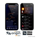 Multiple views of a smartphone app on a phone screen with the title "Celestron Origin" and the text "App powered by SkySafari". There are also icons for the Apple App Store and Google Play.