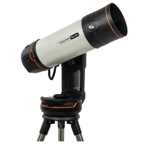 A white and black telescope with orange details, attached to a motorized mount, on a tripod.
