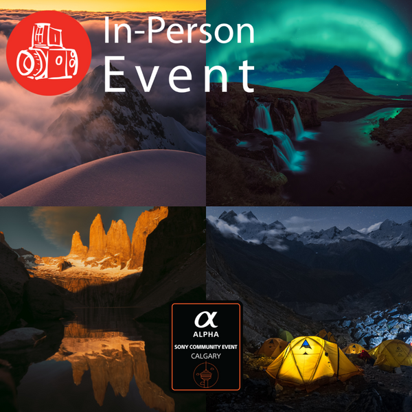 Photographic journey event poster featuring mountain landscapes, northern lights, and camping tents promoting Alpine Horizons in-person presentation by Peter O'Hara in Calgary.