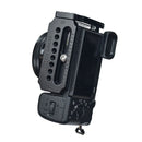 Cotton Carrier CCS Arca Swiss L-bracket attached to camera with adjustable fit and anodized aluminum construction