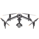 Front view of DJI Inspire 3 drone with 8K camera and four propellers, sleek aerodynamic design for professional aerial cinematography