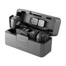 DJI Mic 3 wireless microphone system with two transmitters, one receiver, and a compact charging case