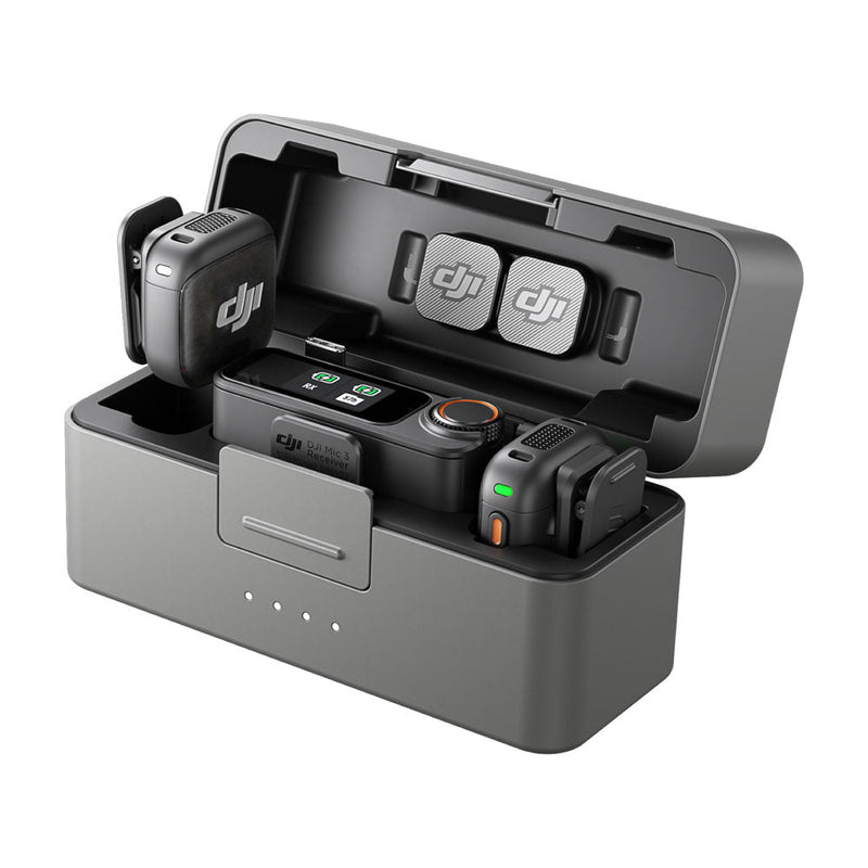 DJI Mic 3 wireless microphone system with two transmitters, one receiver, and a compact charging case