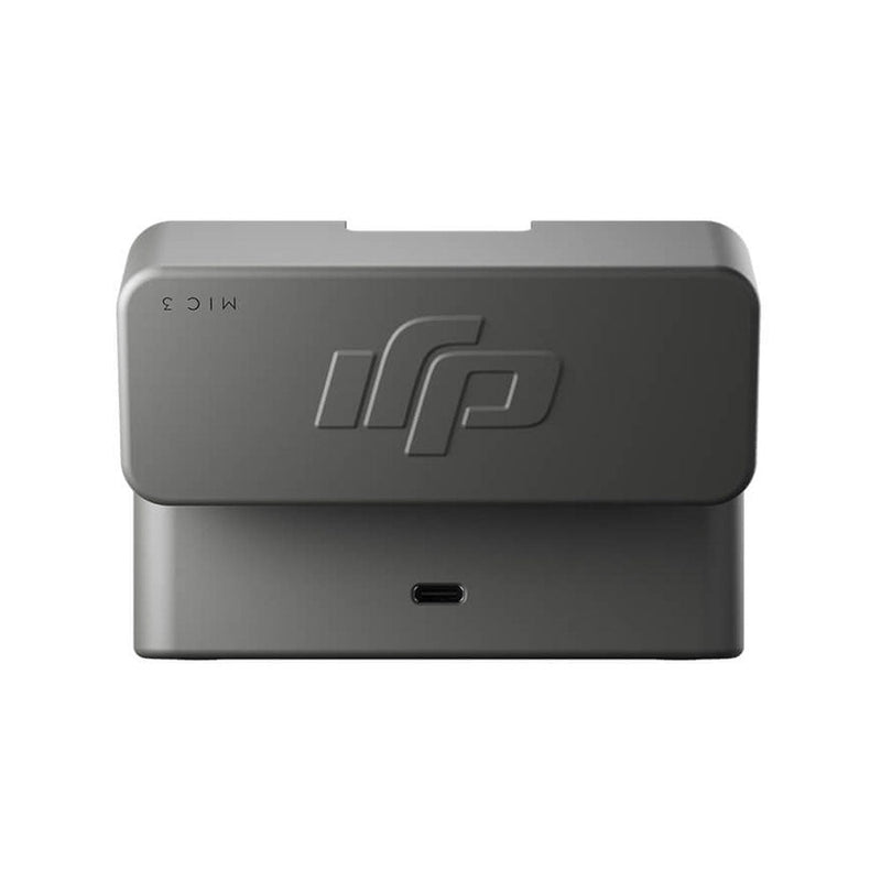 DJI Mic 3 Charging Case with storage for two transmitters and one receiver, providing up to 28 hours of extended operating time.