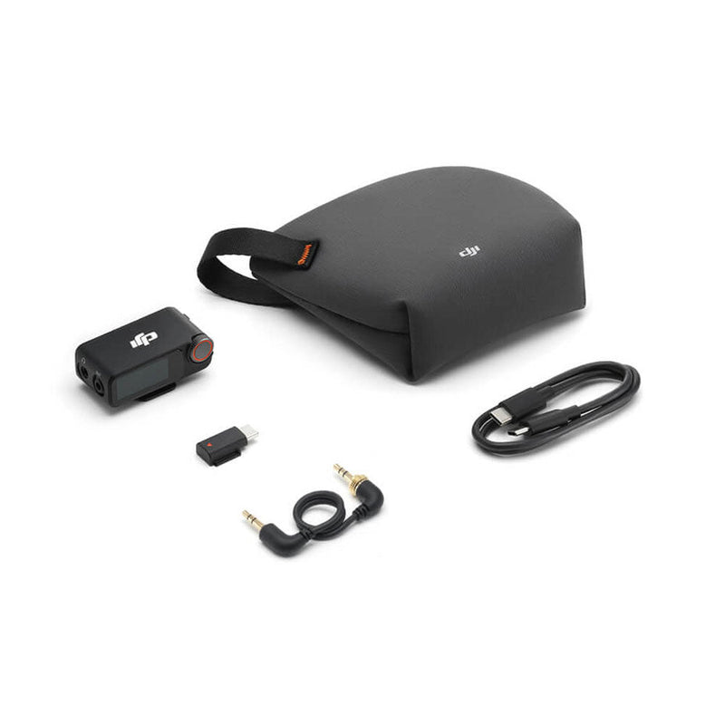 DJI Mic 3 Receiver with charging case, USB cable, audio connectors, and wireless transmitter accessories on white background