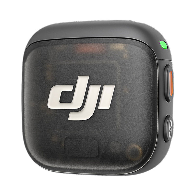 Compact black DJI Mic 3 Transmitter charging case with DJI logo and status lights