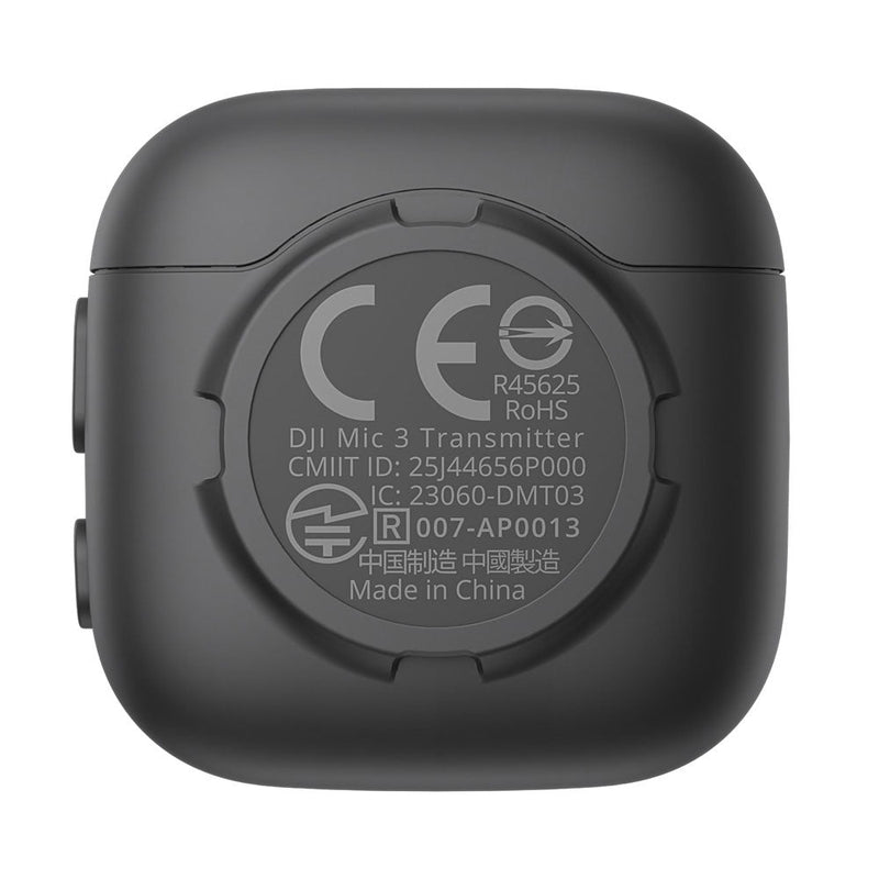 Back view of black DJI Mic 3 Transmitter charging case showing certification labels and product details