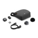 DJI Mic 3 Transmitter wireless microphone system with compact charging case, dual transmitters, USB-C cable, and windshields for clear audio recording