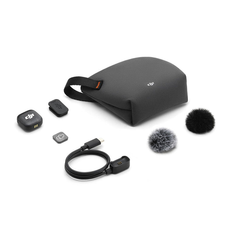 DJI Mic 3 Transmitter wireless microphone system with compact charging case, dual transmitters, USB-C cable, and windshields for clear audio recording