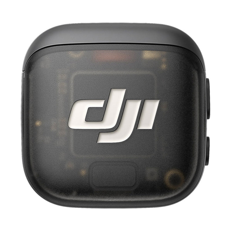 Compact black DJI Mic 3 Transmitter charging case with white DJI logo on top