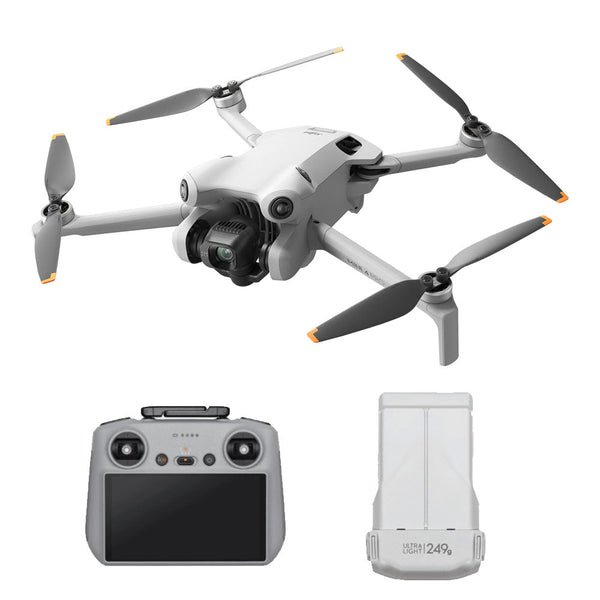 DJI Mini 4 Pro drone with RC 2 controller, advanced 4K camera, obstacle sensing, and 20km video transmission.