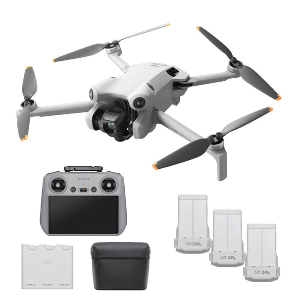 DJI Mini 4 Pro compact drone with camera, remote controller, batteries, and carrying case for advanced aerial photography