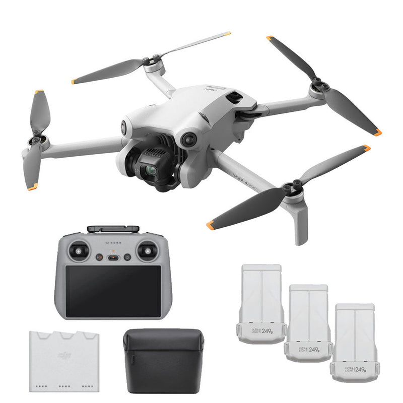 DJI Mini 4 Pro compact drone with camera, remote controller, batteries, and carrying case for advanced aerial photography
