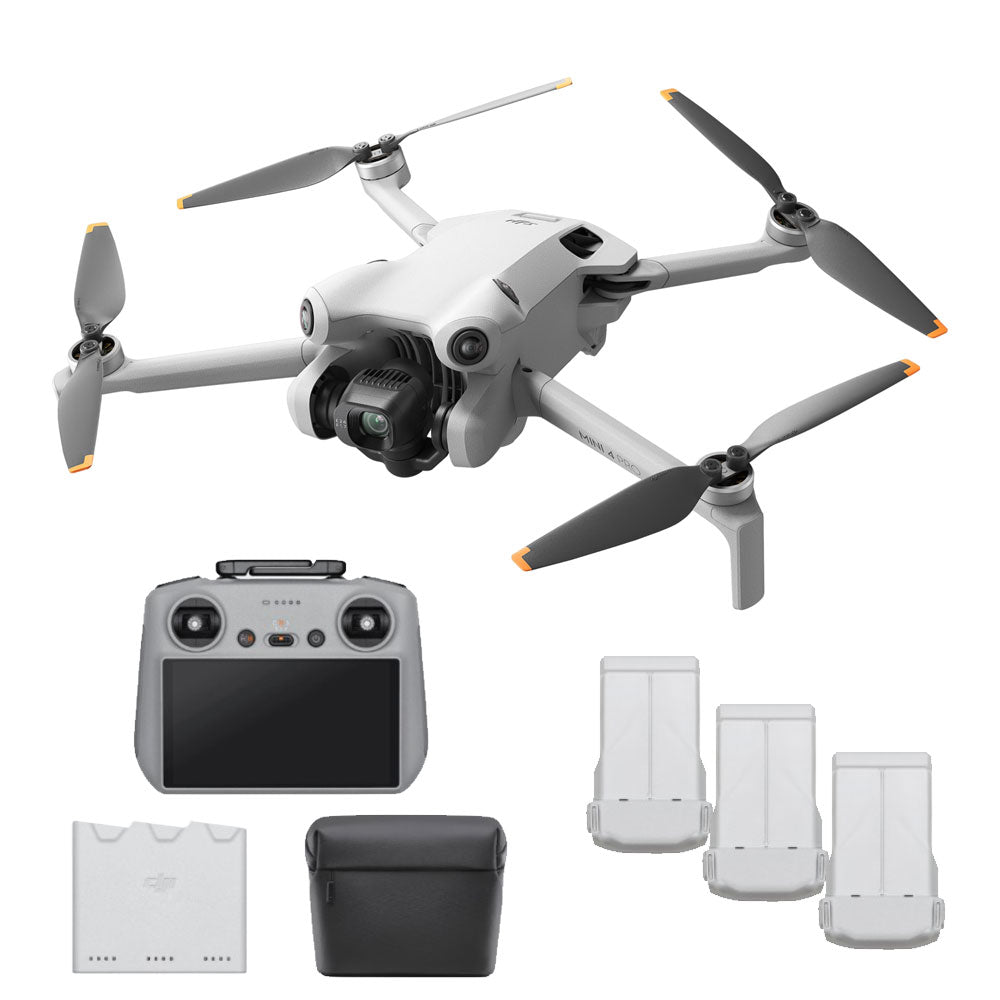 DJI Mini 4 Pro drone with remote controller, three batteries, charger, and carrying case in Fly More Combo Plus kit