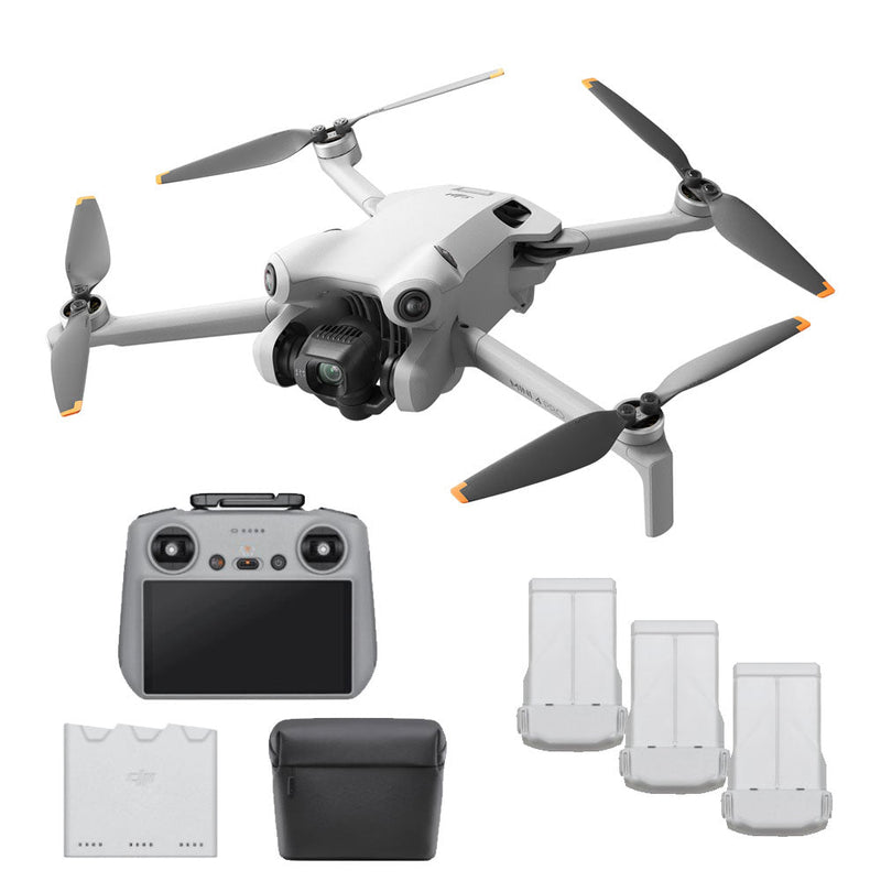 DJI Mini 4 Pro drone with remote controller, three batteries, charger, and carrying case in Fly More Combo Plus kit